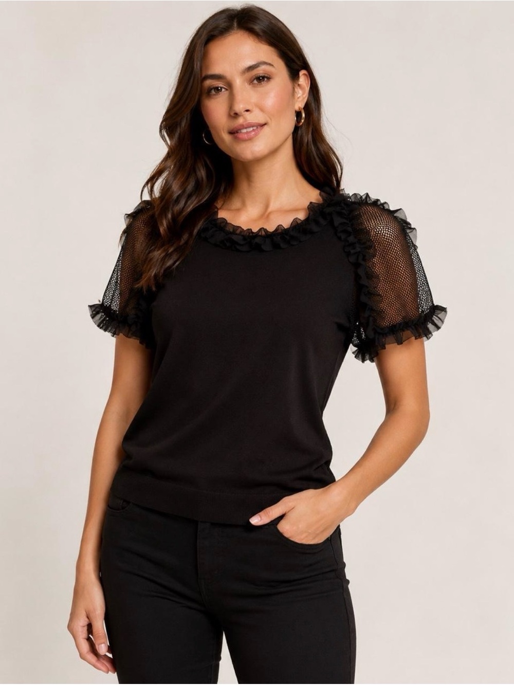 SIONI Milano Black Ruffle Netted Mesh Sleeve Soft Knit Top SMALL